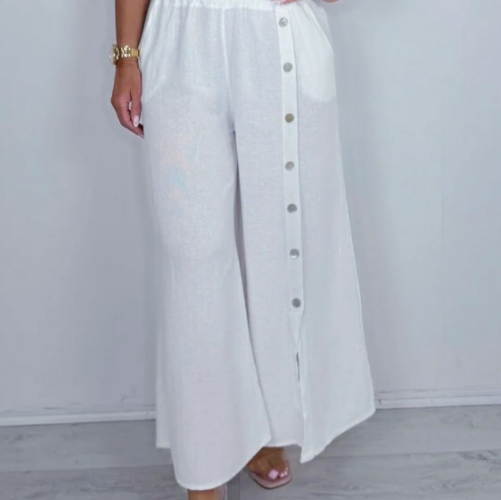 Italian linen wide leg pants with button leg detail, S/M
